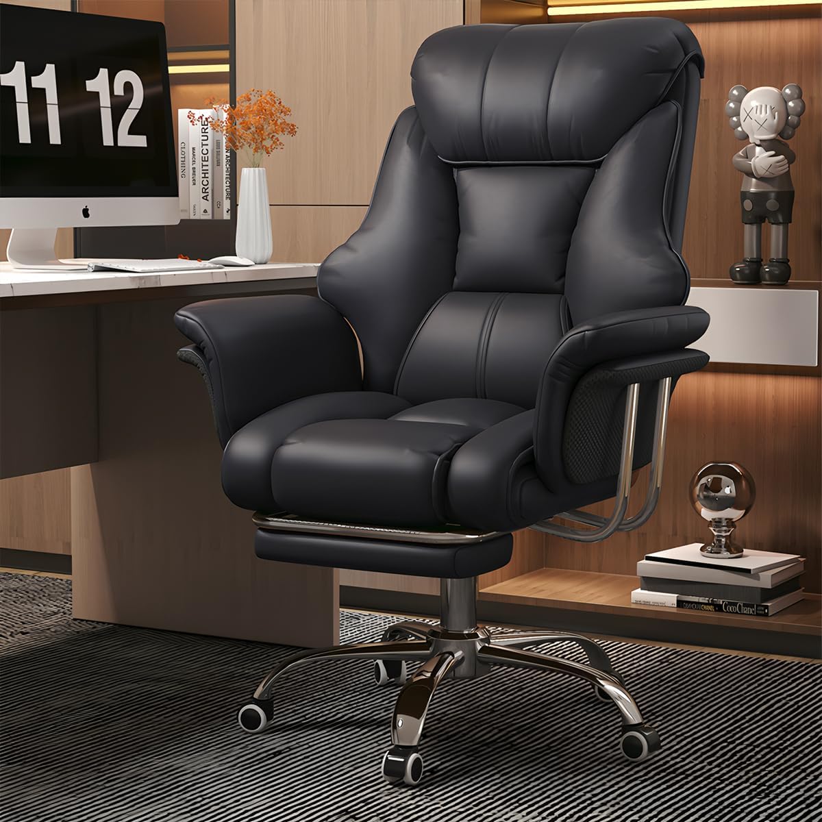 Ergonomics Office Chair Wide Leather Executive Chair with Retractable Footrest, Heavy-Duty