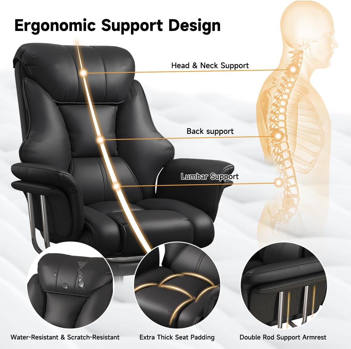 Ergonomics Office Chair Wide Leather Executive Chair with Retractable Footrest, Heavy-Duty - Image 3