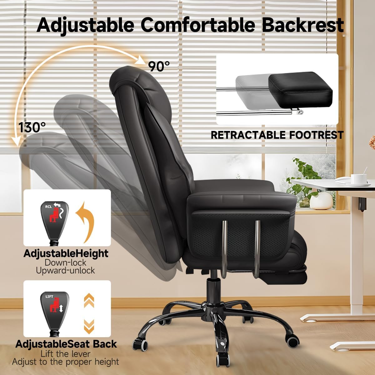 Ergonomics Office Chair Wide Leather Executive Chair with Retractable Footrest, Heavy-Duty - Image 4
